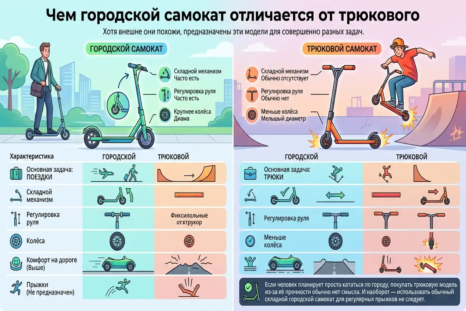 чем городской самокат отличается от трюкового