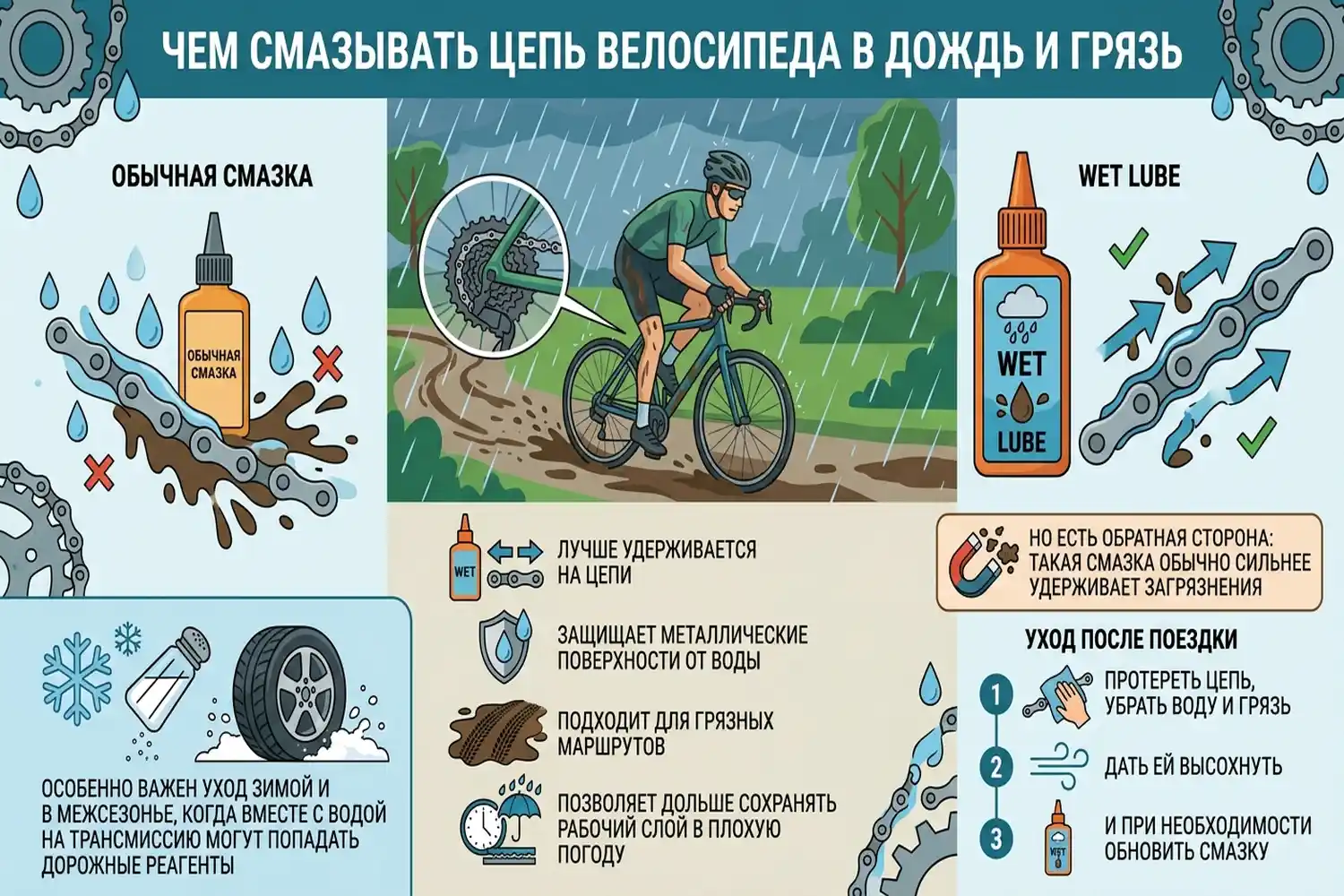 чем смазывать цепь велосипеда в дождь и грязь