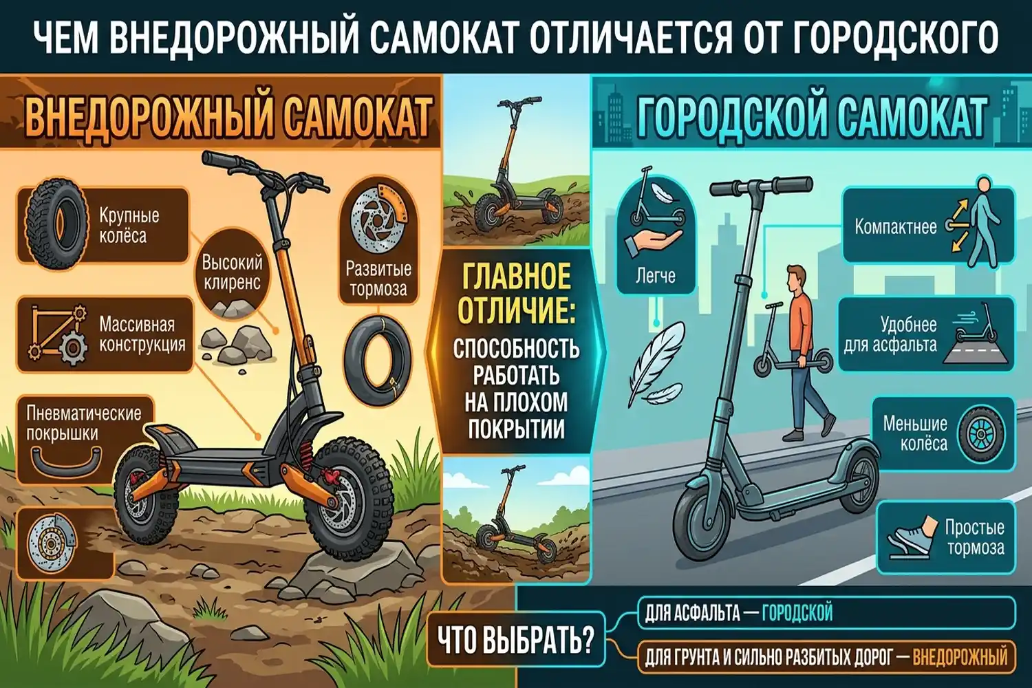 чем внедорожный самокат отличается от городского