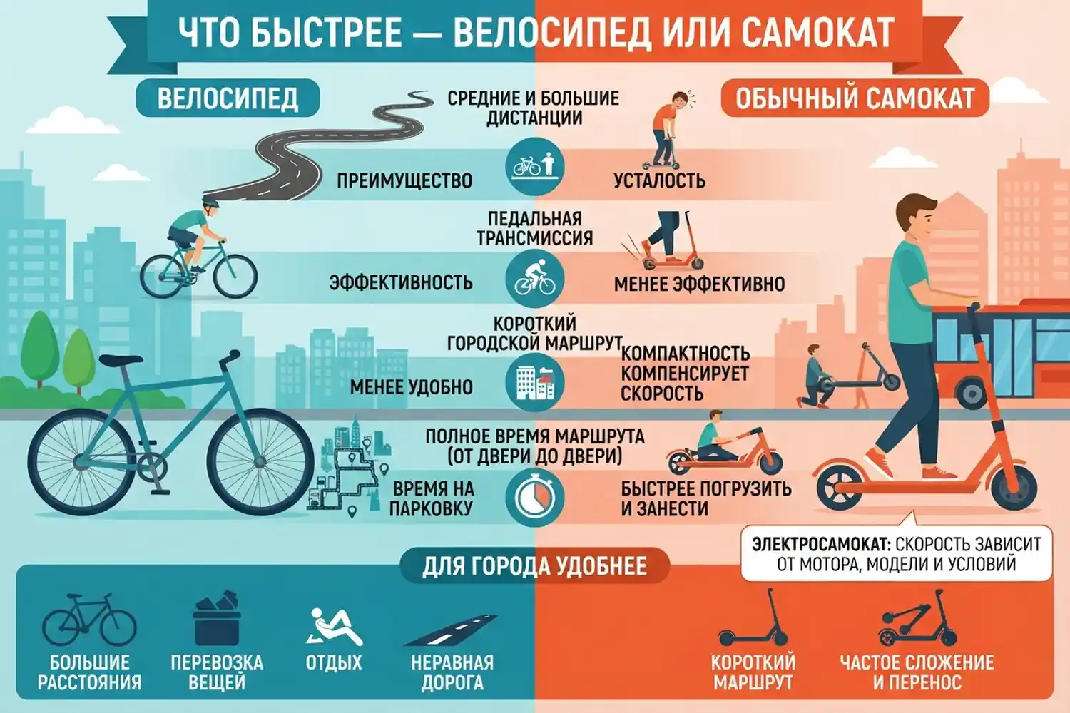 что быстрее велосипед или самокат