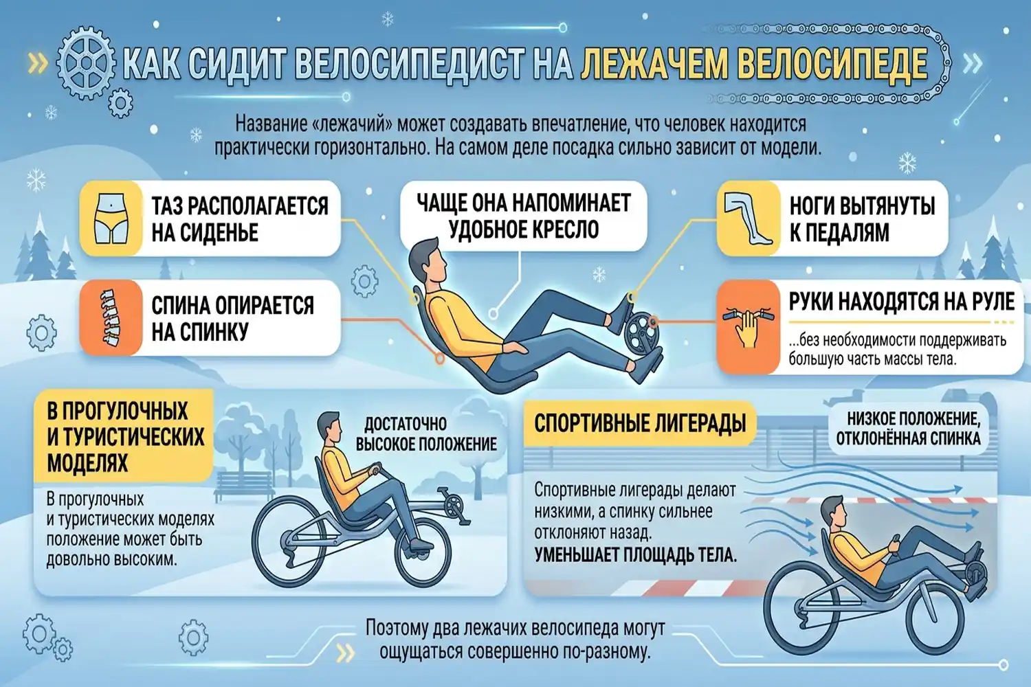 как сидит велосипедист на лежачем велосипеде