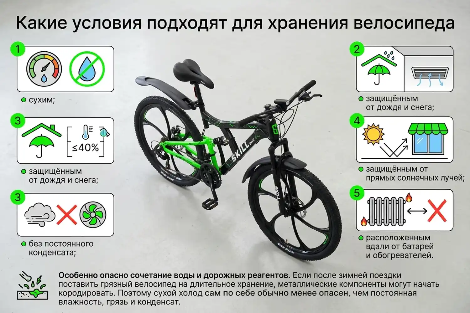 какие условия подходят для хранения велосипеда
