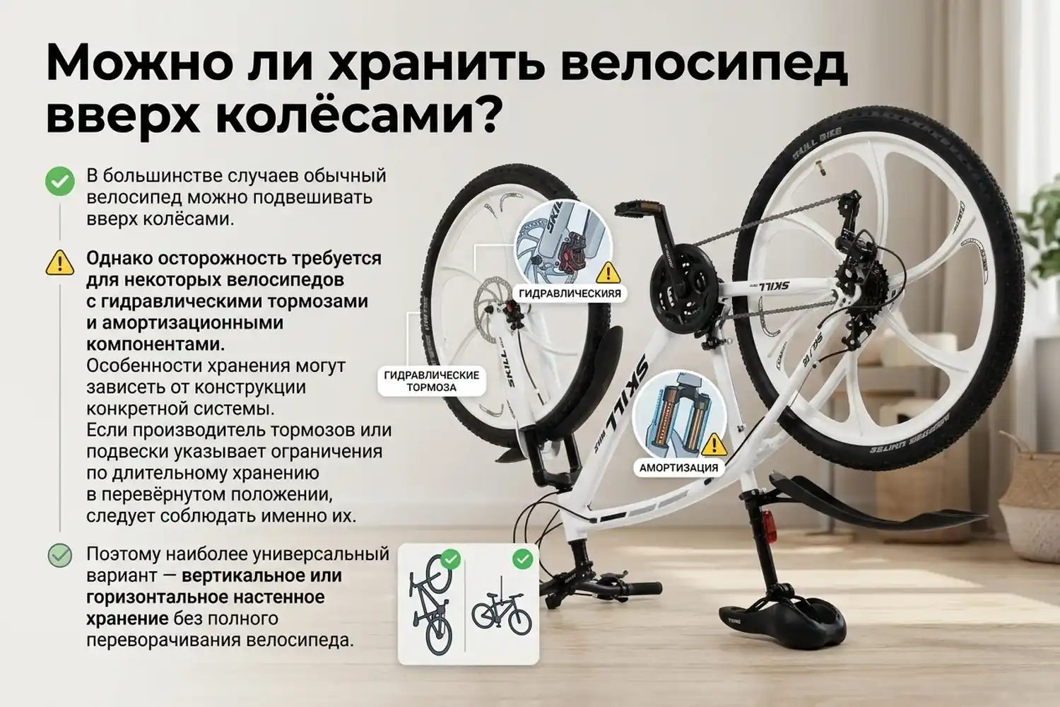 можно ли хранить велосипед вверх колёсами