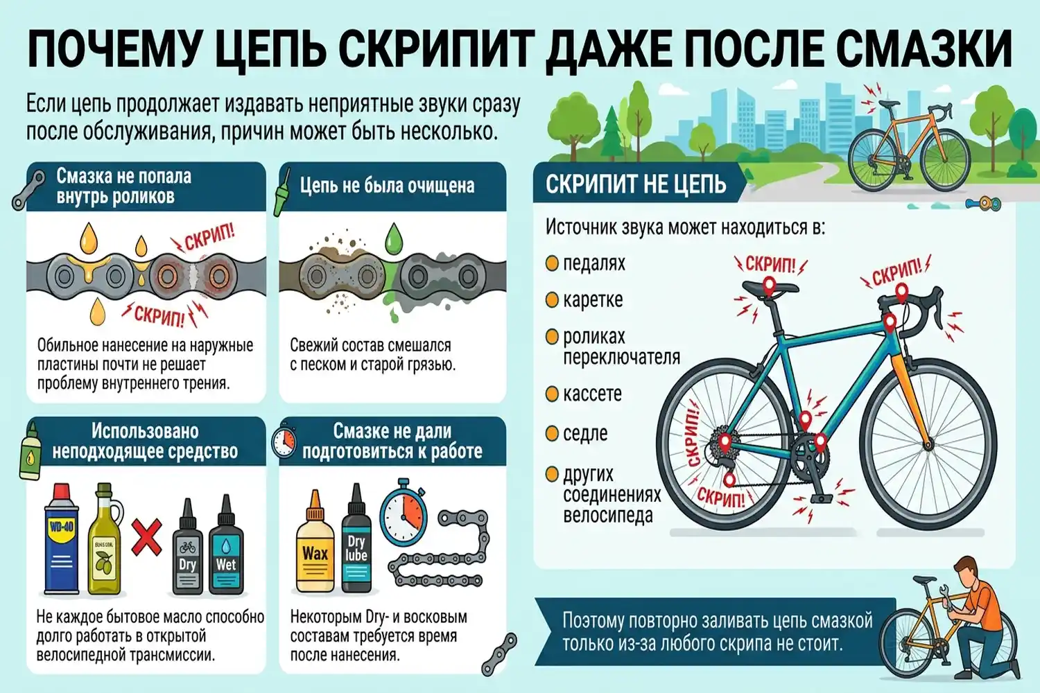 почему цепь скрипит даже после смазки