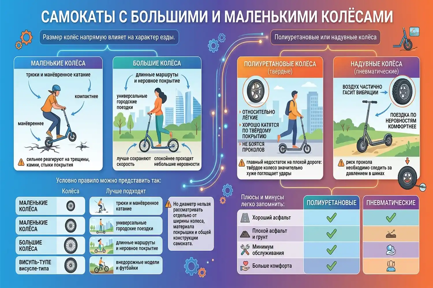 самокаты с большими и маленькими колёсами